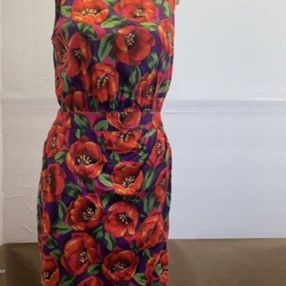 80's Vintage Alain Toussaint‎ Red Floral Sleeveless Faux Wrap Party Dress SZ 12P
